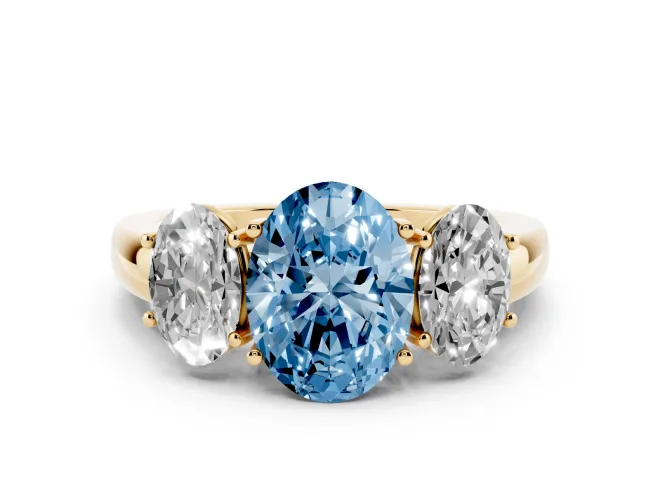 Oval Three Stone Engagement Ring Setting for a Fancy Blue Lab-Grown Diamond | Matching Side Stones | Yellow Gold