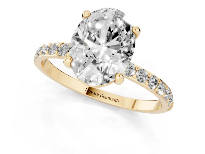 Oval Cut Diamond Solitaire Ring Set in Yellow gold with Round Pavé Band and Prong Setting – second view