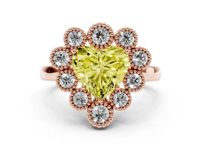 Heart-Shaped Milgrain Cluster Halo Engagement Ring Setting for a Fancy Yellow Lab-Grown Diamond | Plain Band | Rose Gold