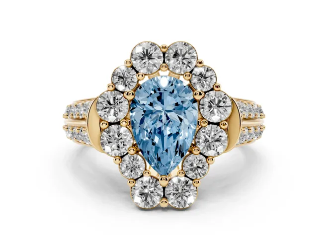 Pear-Shaped Large Accent Halo Engagement Ring Setting for a Fancy Blue Lab-Grown Diamond | Graduated Pavé | Yellow Gold
