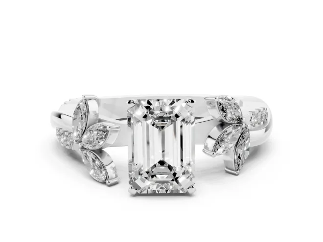 Emerald Cut Floral Vine Engagement Ring Setting | Sterling Silver