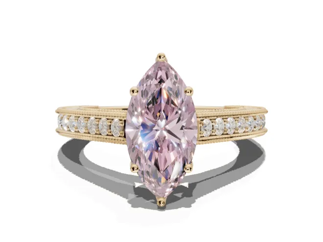 Marquise Vintage Engraved Pavé Engagement Ring Setting for a Fancy Pink Lab-Grown Diamond | Milgrain Edges | Yellow Gold