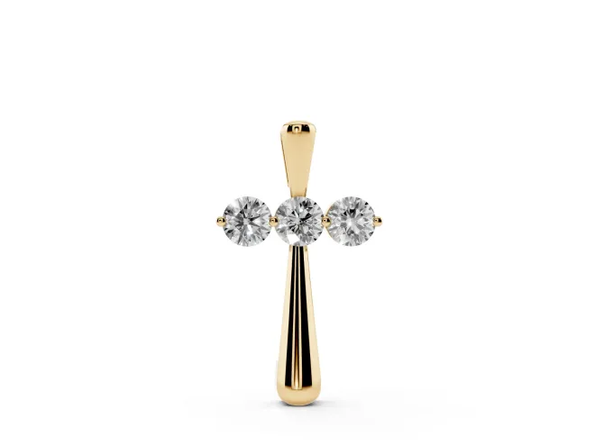 Round Lab-Grown Diamond Three-Stone Cross Pendant Necklace | Stone Crossbar | Yellow Gold