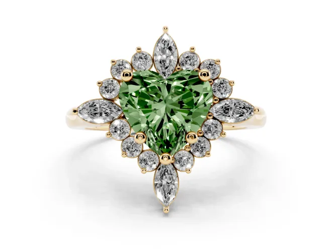 Fancy Green Heart Cut Diamond Cluster Halo Ring Set in Yellow gold with Marquise and Round Accents
