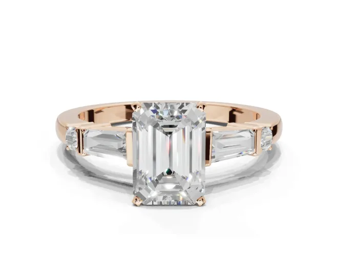 Emerald Cut Tapered Baguette Engagement Ring Setting | Bar Set Sides | Rose Gold