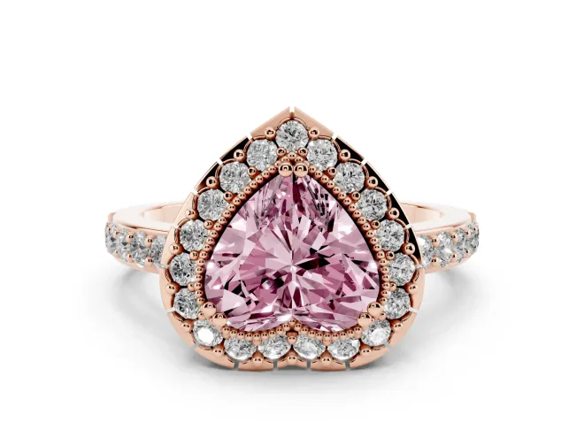 Fancy Pink Heart Cut Diamond Halo Ring Set in Rose gold with Pavé Shank and Prong Setting