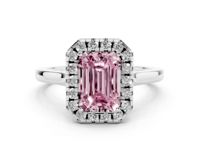 Fancy Pink Emerald Cut Halo Round Diamond Solitaire Ring Set in Silver with Pavé Band and Prong Setting
