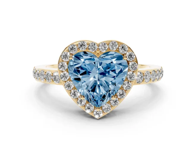 Heart-Shaped Halo Pavé Engagement Ring Setting for a Fancy Blue Lab-Grown Diamond | Heart Cutout Gallery | Yellow Gold