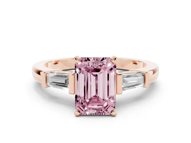 Emerald Cut Three-Stone Engagement Ring Setting for a Fancy Pink Lab-Grown Diamond | Tapered Baguettes | Rose Gold