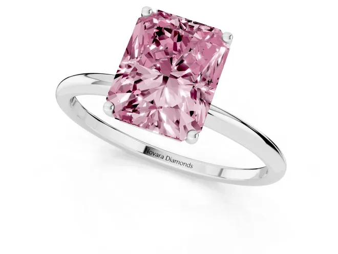 Fancy Pink Radiant Cut Diamond Solitaire Engagement Ring Set in Platinum with Thin Band and Prong Setting – second view
