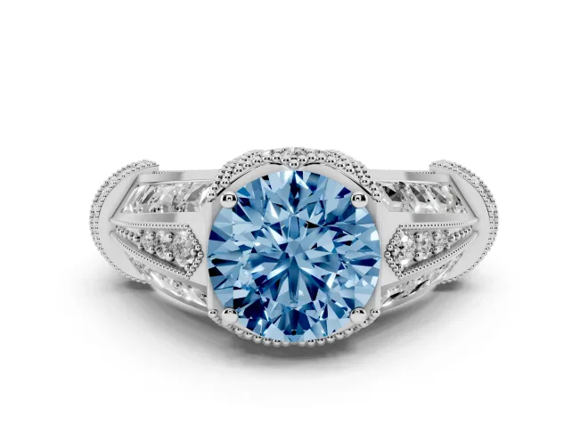 Fancy Blue Round Cut Diamond Vintage-Inspired Milgrain Ring Set in White gold with Accent Split Shank