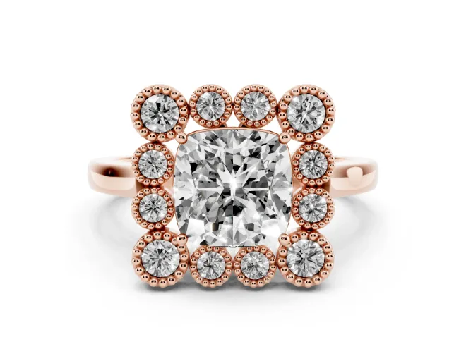 Cushion Cut Vintage Milgrain Bezel Cluster Halo Engagement Ring Setting | Plain Band | Rose Gold
