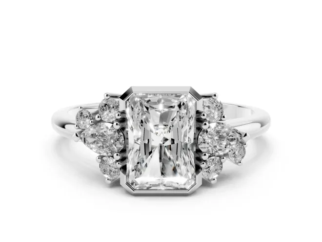 Radiant Diamond Cluster Side Stone Ring Set in Platinum with Pear and Round Side Stones