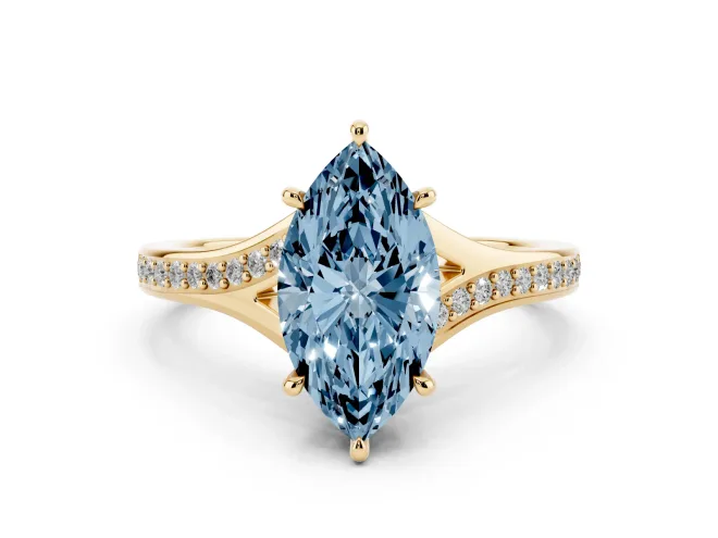 Marquise Pavé Solitaire Engagement Ring Setting for a Fancy Blue Lab-Grown Diamond | Sweeping Shoulders | Yellow Gold