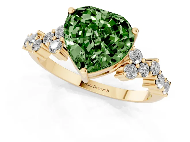 Fancy Green Heart Cut Diamond Ring Set in Yellow gold with Scattered Round Accents – second view