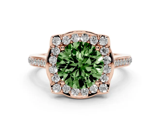 Round Halo Engagement Ring Setting for a Fancy Green Lab-Grown Diamond | Petal Tips | Rose Gold