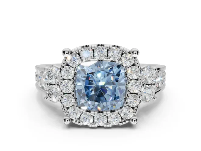 Cushion Cut Halo Engagement Ring Setting for a Fancy Blue Lab-Grown Diamond | Graduated Channel Band | White Gold