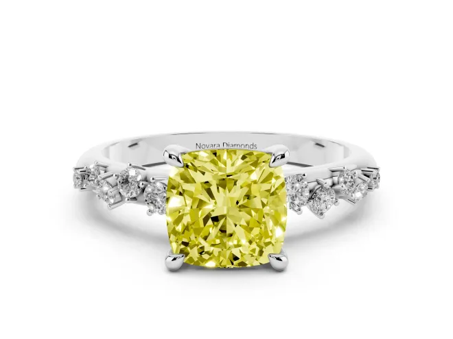 Fancy Yellow Cushion Cut Diamond Solitaire Vine Band Ring Set in White gold with Round Accents and Prong Setting