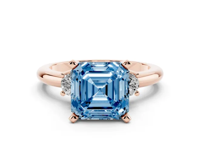Asscher Cut Three Stone Engagement Ring Setting for a Fancy Blue Lab-Grown Diamond | Round Side Stones | Rose Gold