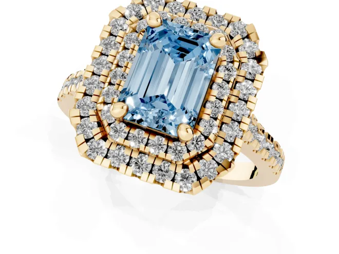 Fancy Blue Emerald Cut Diamond Double Halo Statement Ring Set in Yellow gold with Pavé Band – second view