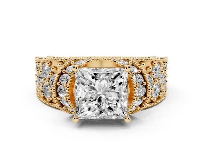Princess Cut Diamond Milgrain Halo Pavé Engagement Ring Set in Yellow gold with Prong Setting