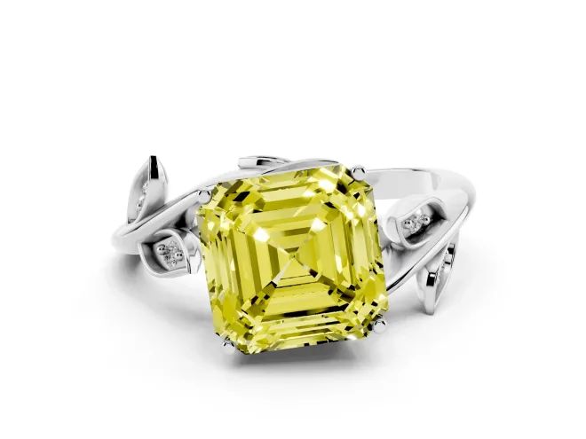 Fancy Yellow Asscher Cut Diamond Solitaire Twist Engagement Ring Set in Silver with Pavé Leaf Accents