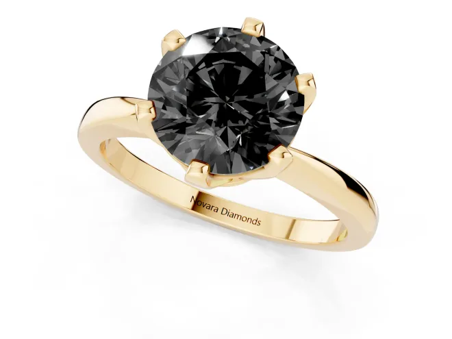 Fancy Black Round Cut Diamond Solitaire Engagement Ring Set in Yellow gold with Slim Tapered Solitaire Band – second view