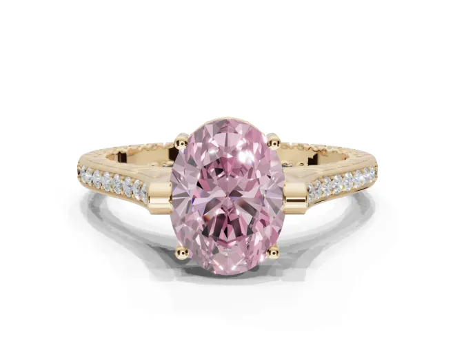 Oval Vintage Cathedral Engagement Ring Setting for a Fancy Pink Lab-Grown Diamond | Carved Band | Yellow Gold