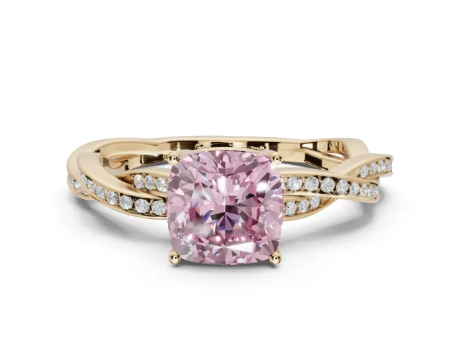 Cushion Cut Twisted Pavé Solitaire Engagement Ring Setting for a Fancy Pink Lab-Grown Diamond | Yellow Gold