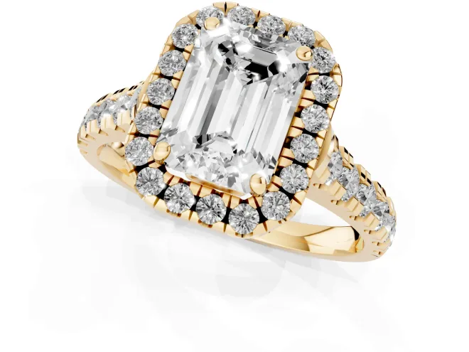 Emerald Cut Diamond Halo Engagement Ring Set in Yellow gold with Pavé Band and Prong-Set Center – second view