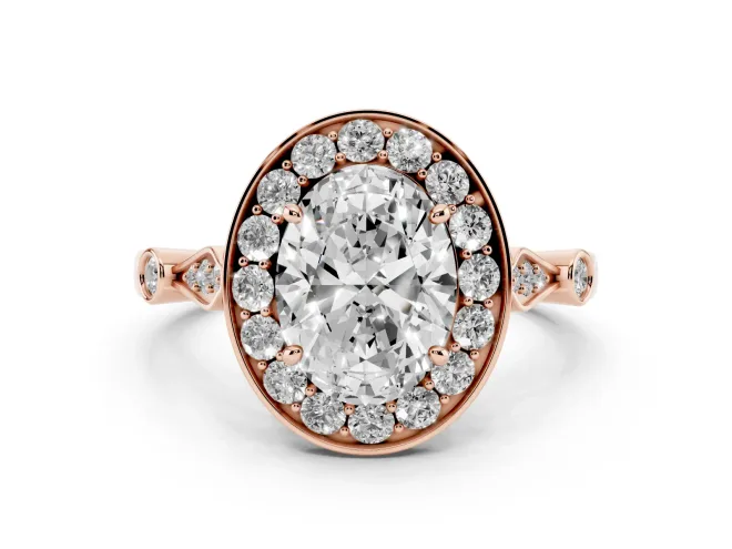 Oval Cut Diamond Halo Engagement Ring Set in Rose gold with Twisted Band and Prong Setting