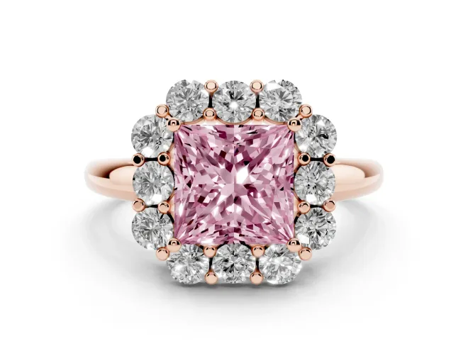 Princess Cut Graduated Milgrain Halo Engagement Ring Setting for a Fancy Pink Lab-Grown Diamond | Rose Gold