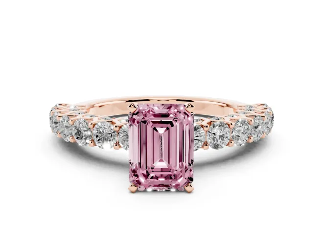Emerald Cut Shared Prong Engagement Ring Setting for a Fancy Pink Lab-Grown Diamond | Rose Gold