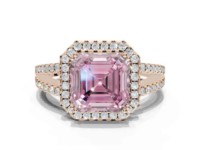 Asscher Cut Halo Split Shank Engagement Ring Setting for a Fancy Pink Lab-Grown Diamond | Pavé Shoulders | Rose Gold