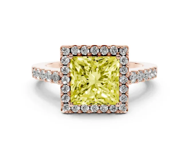 Princess Cut Halo Engagement Ring Setting for a Fancy Yellow Lab-Grown Diamond | Single Row Pavé Band | Rose Gold
