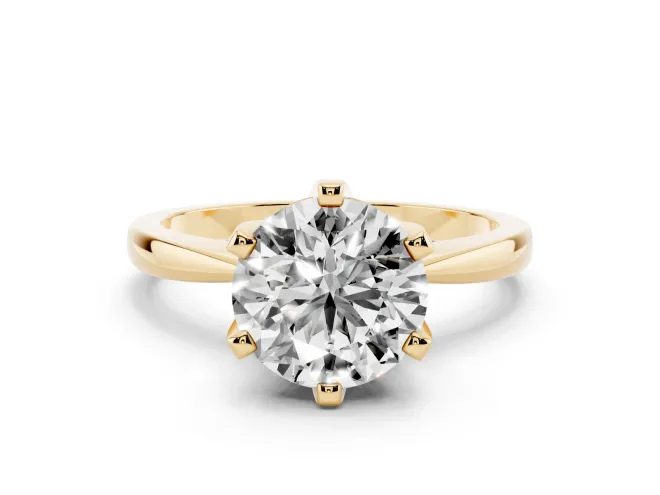Round Cut Diamond Solitaire Engagement Ring Set in Yellow gold with Slim Tapered Solitaire Band