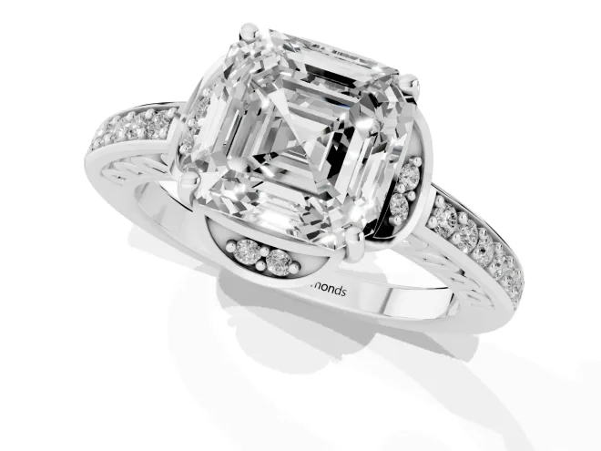 Asscher Cut Diamond Halo Ring Set in Platinum with Channel Set Band and Prong Setting – second view