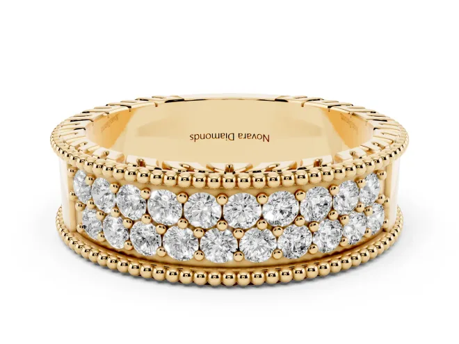 Round Lab-Grown Diamond Wide Double Row Pavé Wedding Band | Notched Side Walls | Yellow Gold