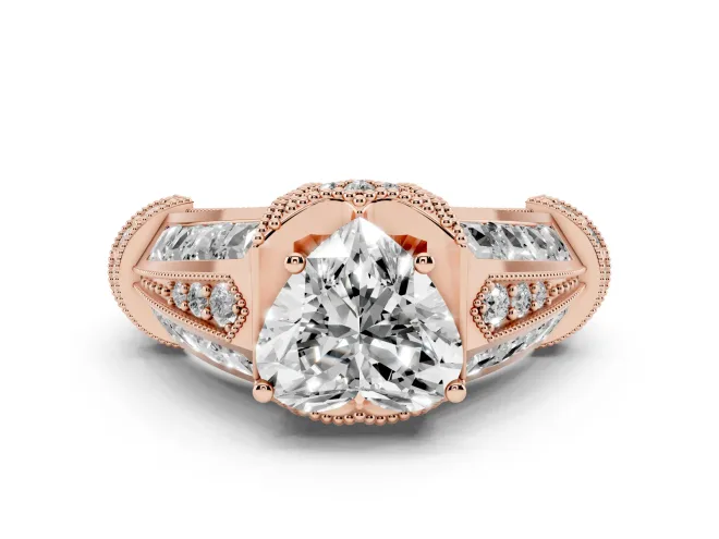 Heart Cut Diamond Vintage-Inspired Milgrain Ring Set in Rose gold with Accent Split Shank