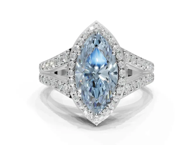 Marquise Halo Pavé Engagement Ring Setting for a Fancy Blue Lab-Grown Diamond | Narrow Split Shank | Platinum