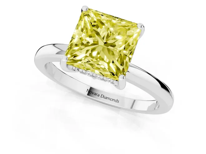 Fancy Yellow Princess Cut Diamond Solitaire Ring Set in Platinum with Plain Band and Prong Setting – second view