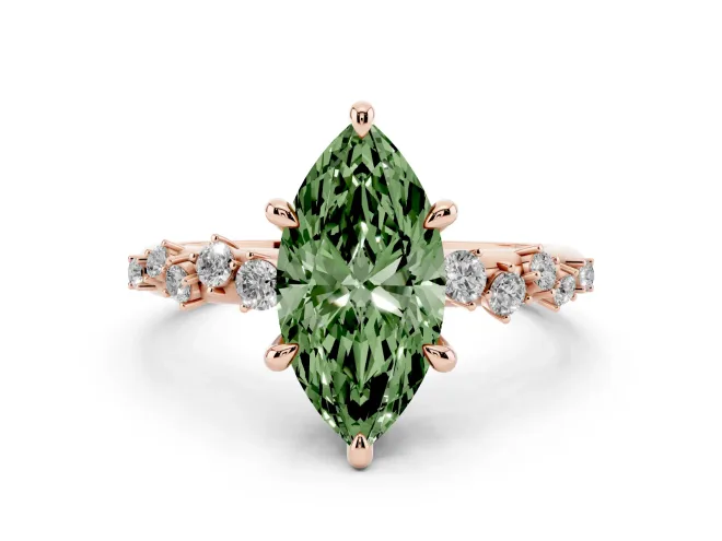 Fancy Green Marquise Cut Diamond Solitaire Vine Band Ring Set in Rose gold with Round Accents and Prong Setting