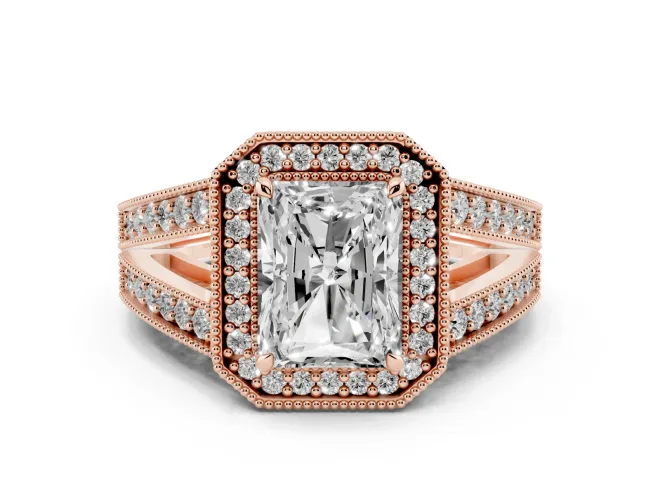 Radiant Cut Diamond Halo Ring Set in Rose gold with Stone-Set Split Shank and Milgrain Edges