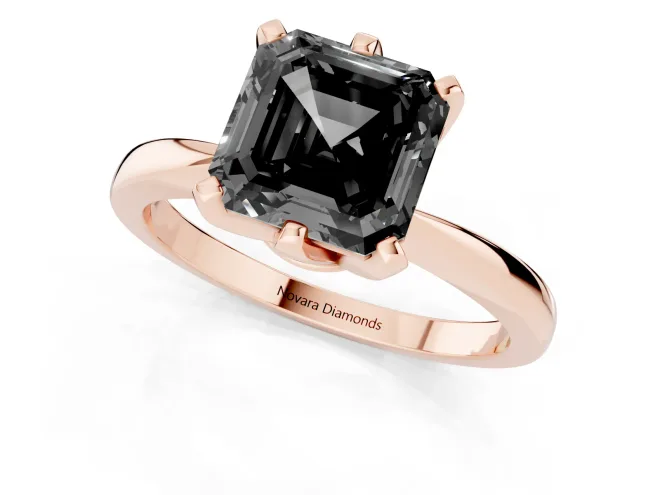 Fancy Black Asscher Cut Diamond Solitaire Engagement Ring Set in Rose gold with Slim Tapered Solitaire Band – second view