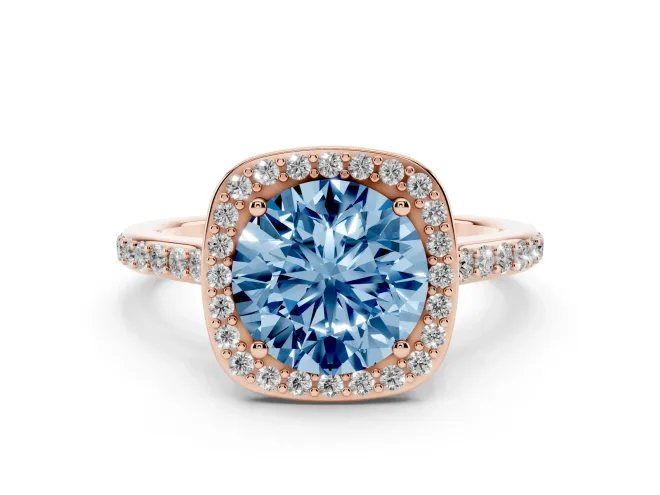Fancy Blue Round Cut Diamond Halo Engagement Ring Set in Rose gold with Round Pavé Shoulders and Heart Gallery