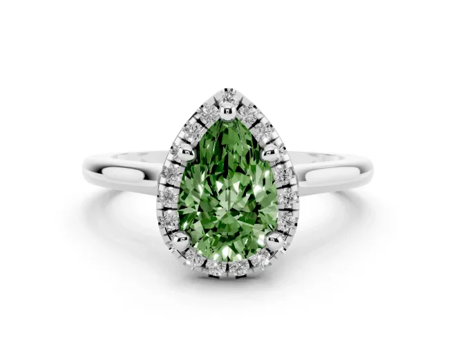 Fancy Green Pear Cut Diamond Halo Engagement Ring Set in Platinum with Pavé Band and Rising Shoulders