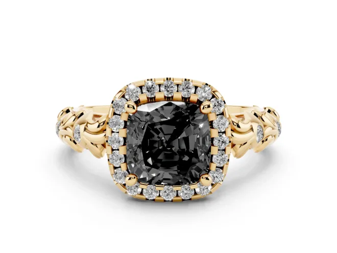 Cushion Cut Leaf Halo Engagement Ring Setting for a Black Center | Bezel Accents | Yellow Gold
