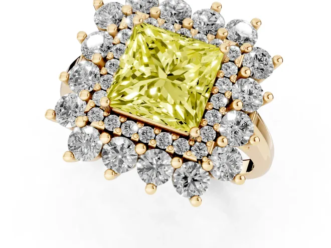 Fancy Yellow Princess Cut Diamond Floral Double Halo Ring Set in Yellow gold with Round Petals – second view