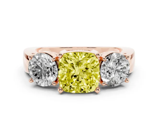 Fancy Yellow Cushion Cut Diamond Three-Stone Ring Set in Rose gold with Round Side Stones and Classic Band