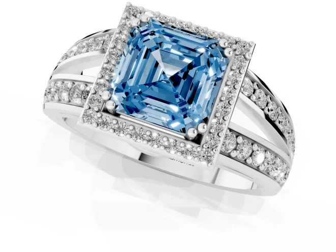 Fancy Blue Asscher Cut Diamond Halo Ring Set in White gold with Double Pavé Split Shank – second view